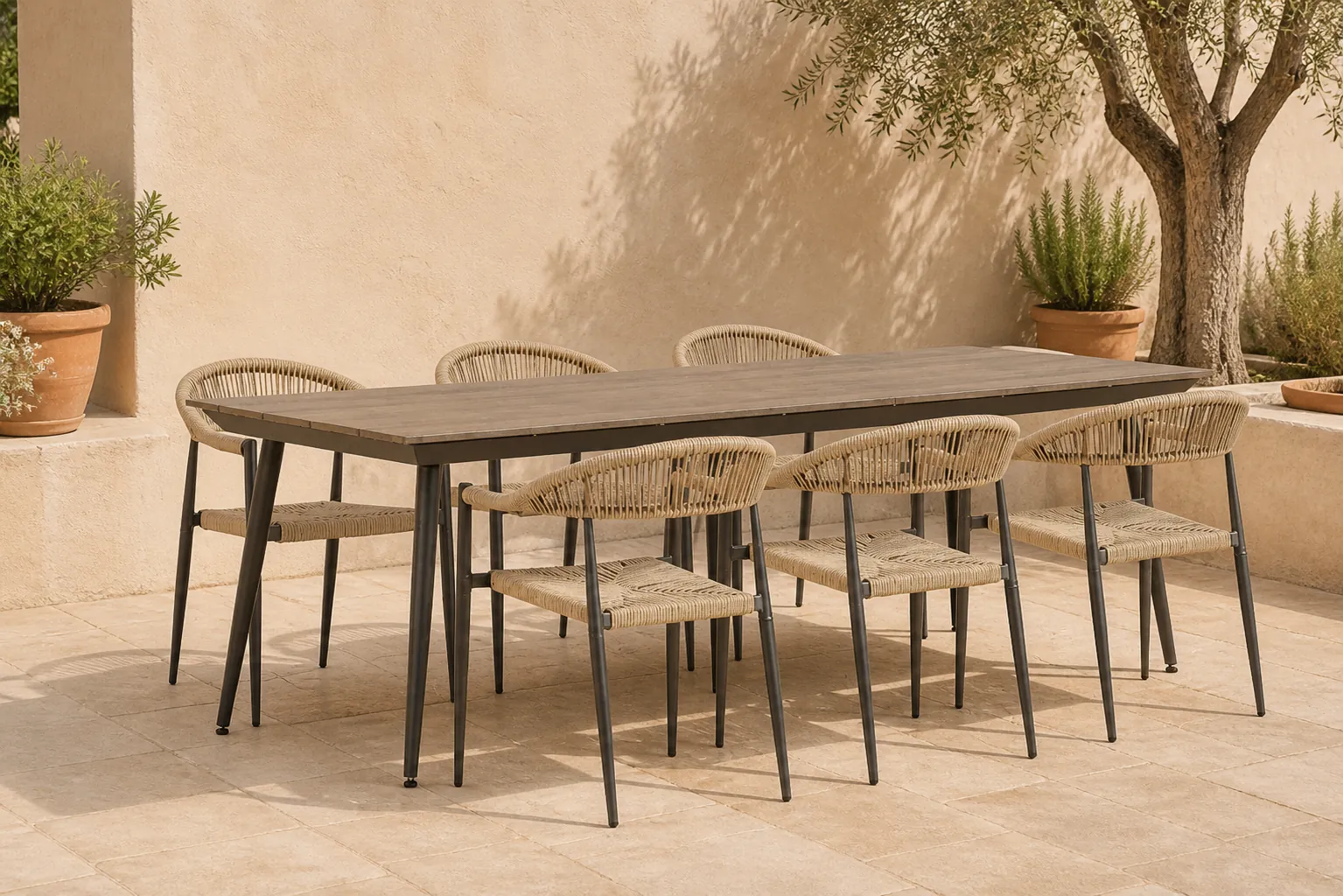 Sfeerfoto van De Laan Projects Laan Granada/Matale 240 cm dining tuinset 7-delig – Taupe-naturel-bruin