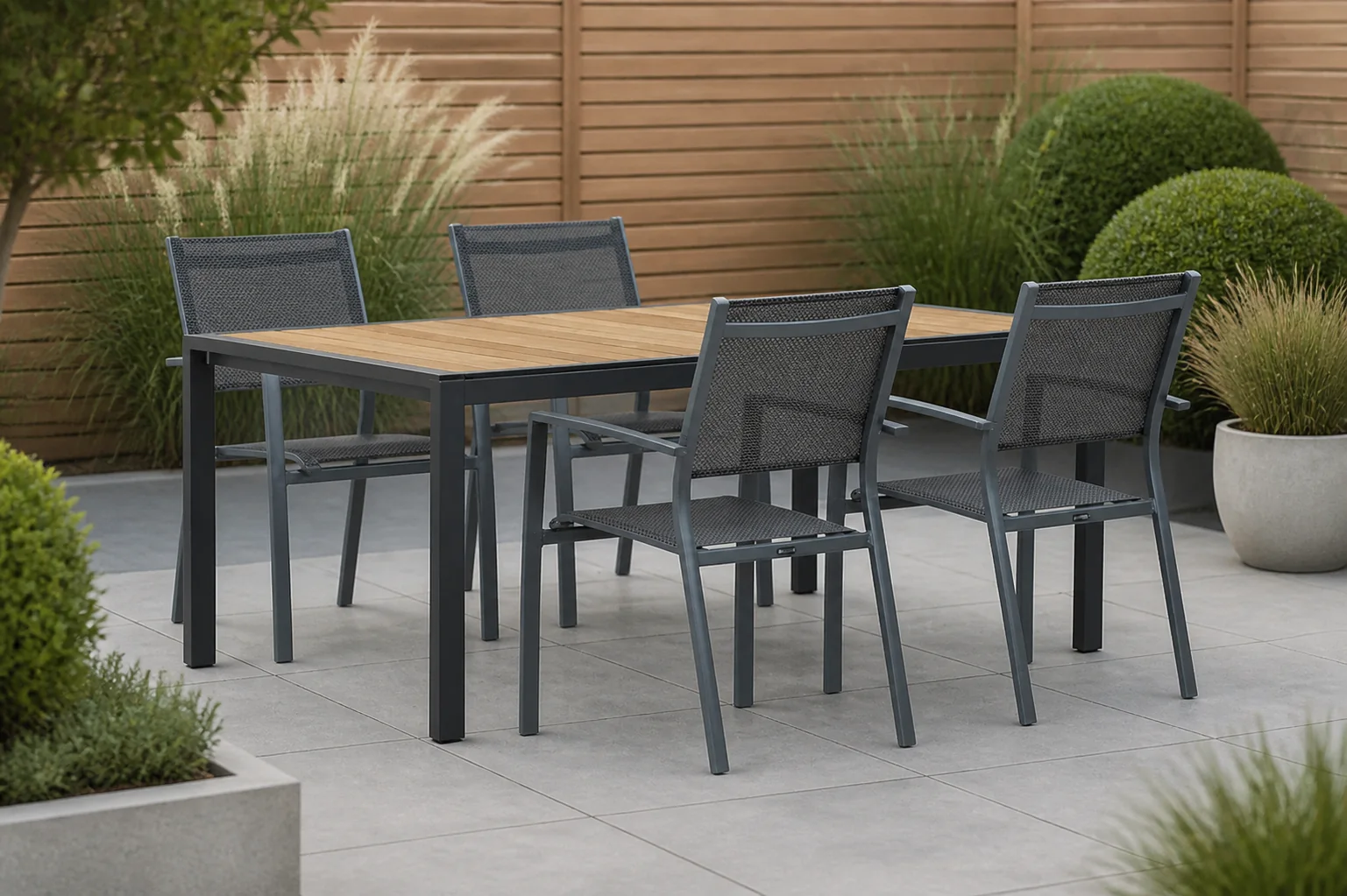 Sfeerfoto van Lifestyle Garden Furniture Sella/Valence 180 cm dining tuinset 5-delig – Grijs-antraciet