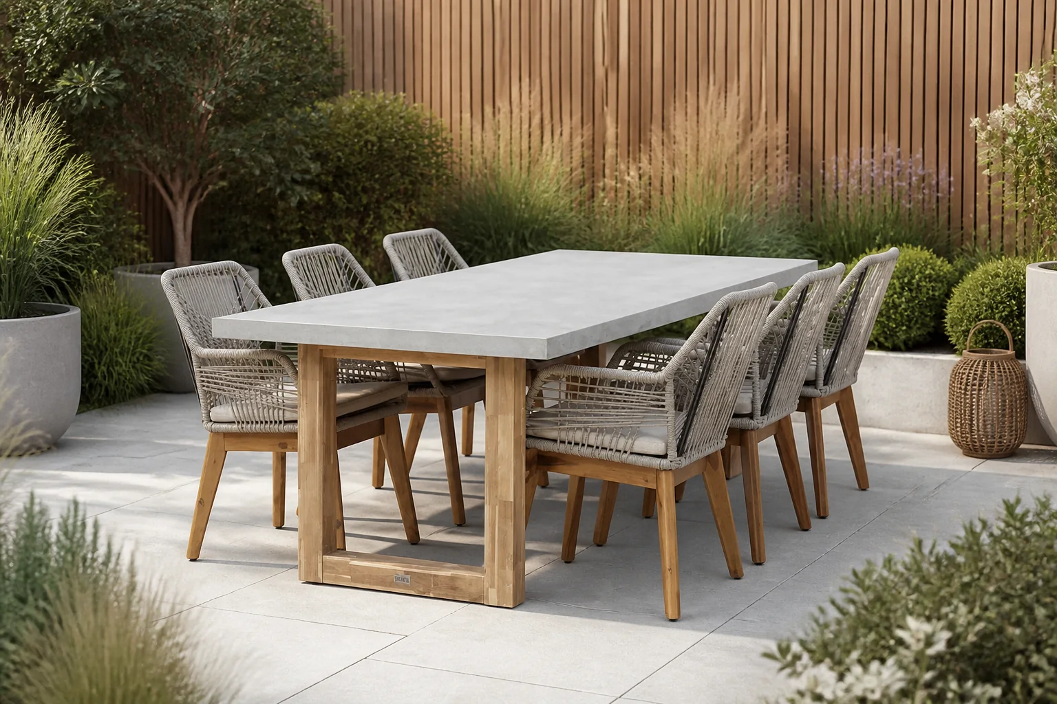 Sfeerfoto van BUITEN living Lausanne/Seville hout zand dining tuinset | 6 personen | betonlook + touw | 250cm – Light Teak, Betonlook