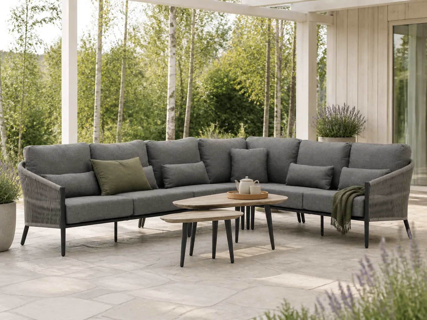 Sfeerfoto van Bellagio tuinmeubelen Mineo/ROUGH-K hoek loungeset 6-delig – Grijs