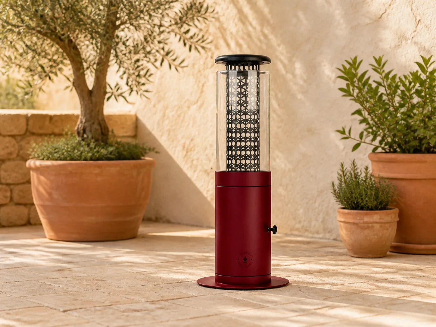 Sfeerfoto van Monti HeatLine + 15% kassakorting | Ember pellet terrasverwarmer ø24cm (h: 58cm) – Rood