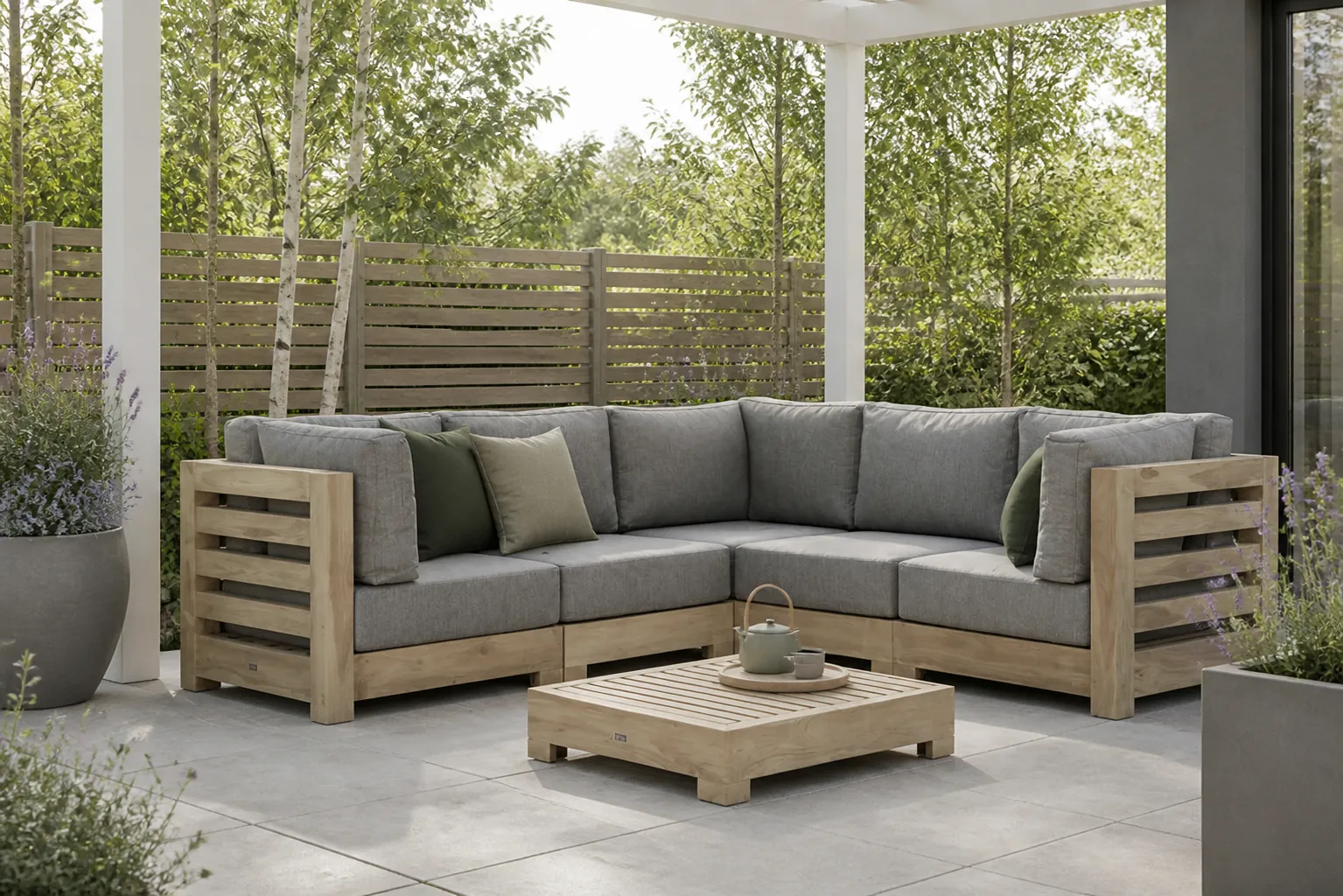 Sfeerfoto van Santika Furniture Levante hoek loungeset 6-delig – Old teak greywash