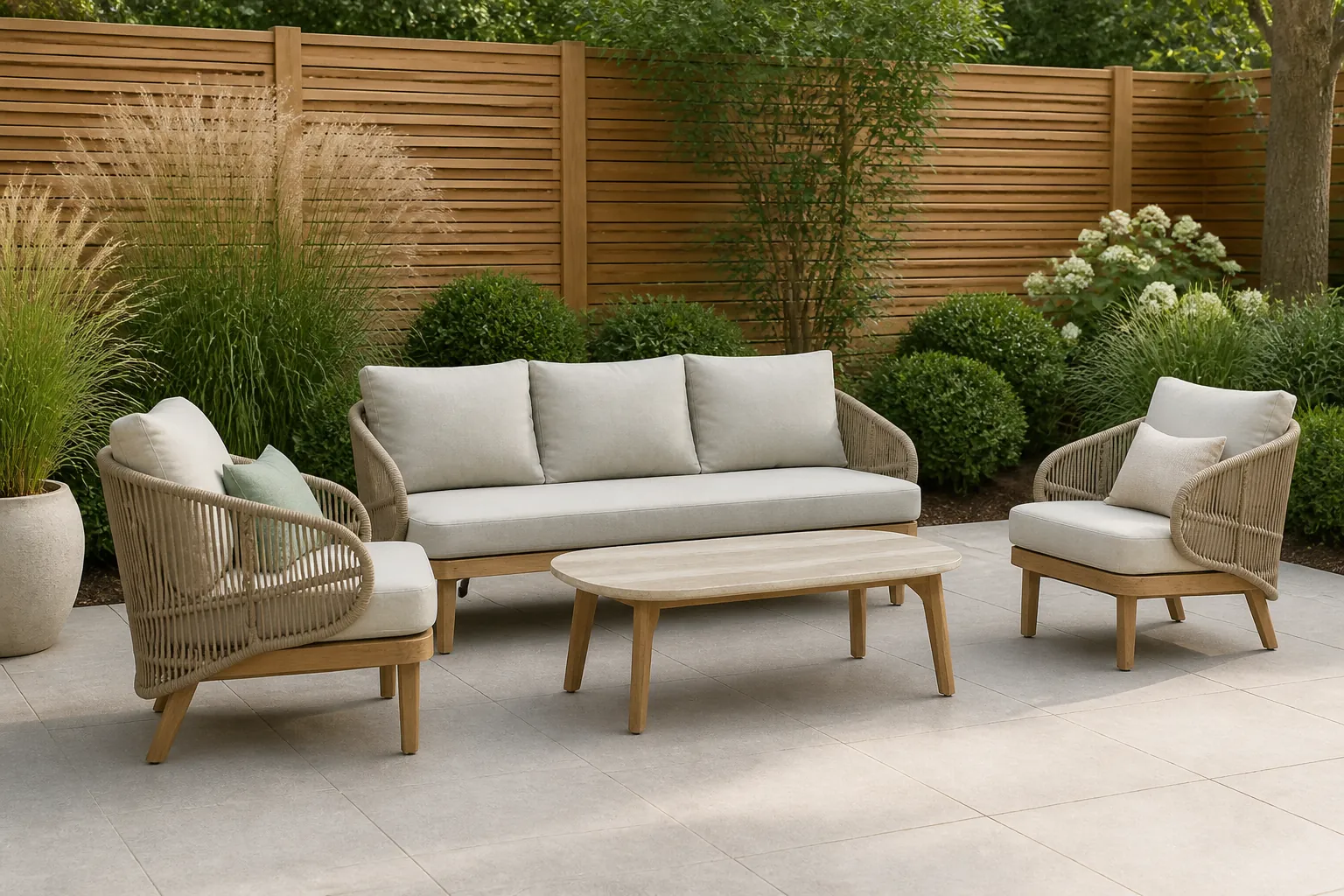 Sfeerfoto van BUITEN living Matera stoel-bank loungeset 5 personen | eucalyptus + touw | zand/Light Teaklook | 4-delig – Taupe – Naturel – Bruin