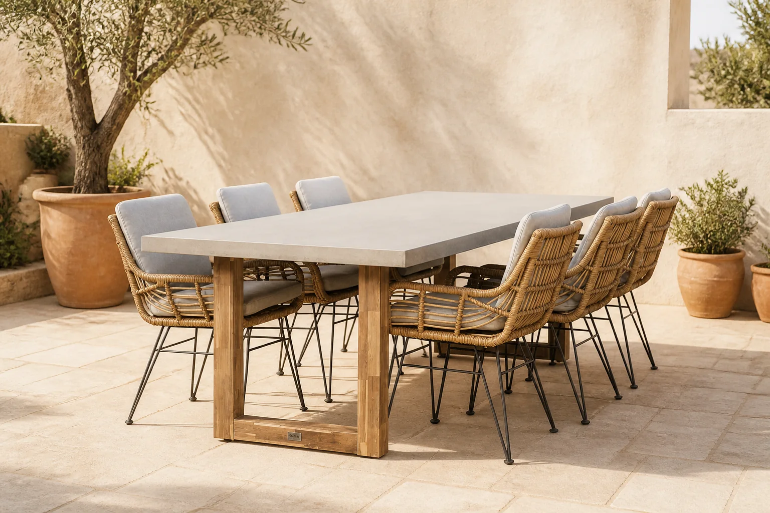 Sfeerfoto van BUITEN living Lausanne/Carlos taupe dining tuinset | 6 personen | betonlook + wicker | 250cm – Taupe – Naturel – Bruin, Light Teak, Betonlook