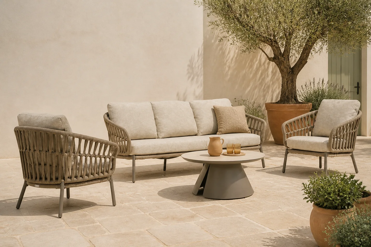 Sfeerfoto van Coco Viento/Cayora 80 cm stoel-bank loungeset 4-delig – Zand/Beige