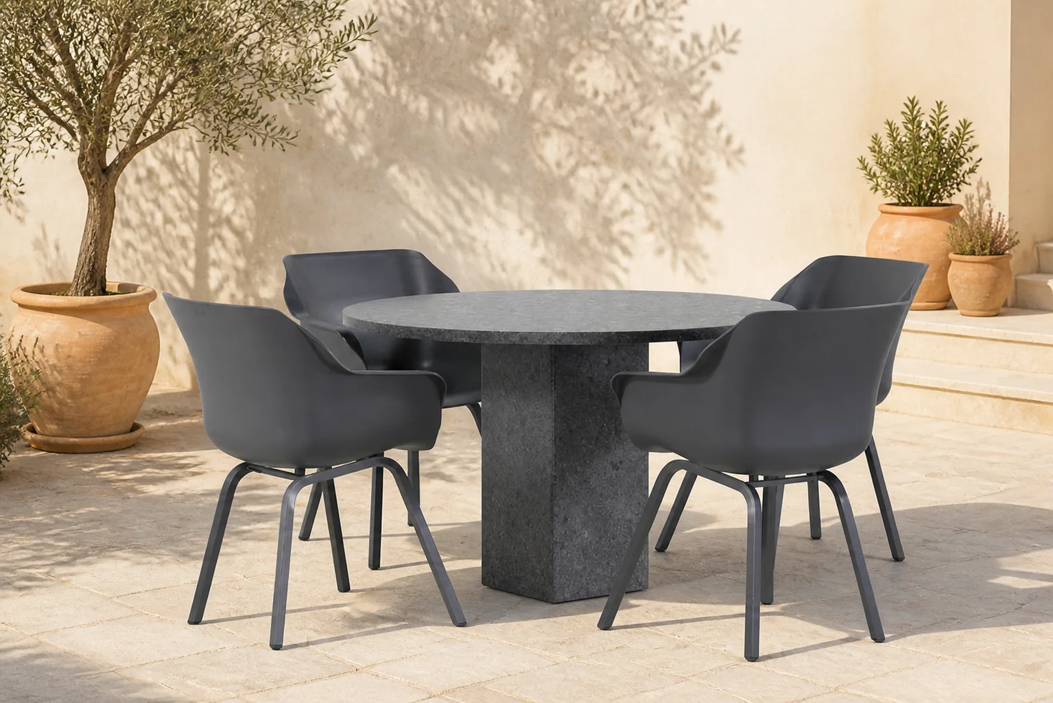 Sfeerfoto van Hartman Sophie element/Graniet rond 120 cm dining tuinset 5-delig – Grijs-antraciet