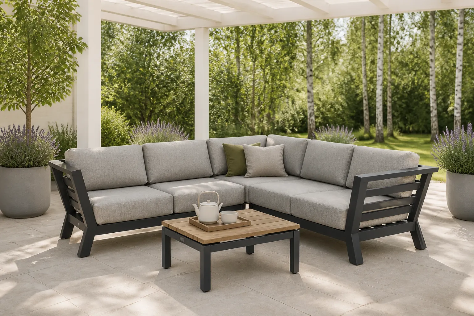 Sfeerfoto van 4 Seasons Outdoor Meteoro/Lifestyle Riviera hoek loungeset 4-delig – Grijs-antraciet