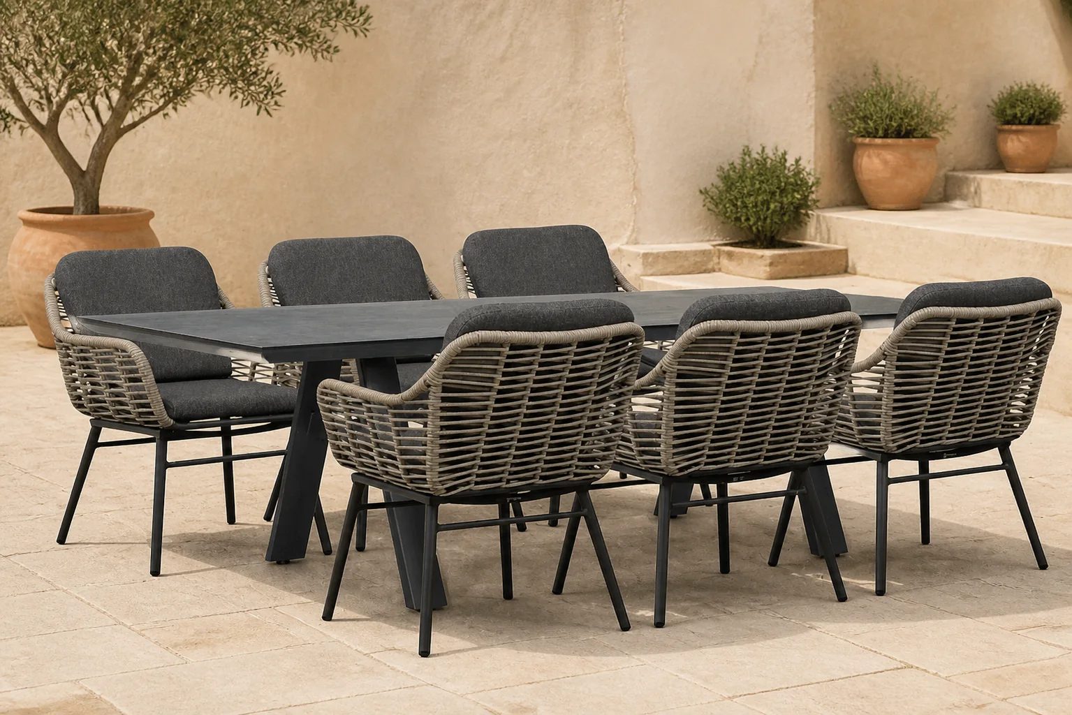Sfeerfoto van Coco Antoni/Monza 230×100 cm dining tuinset 7-delig – Grijs-antraciet