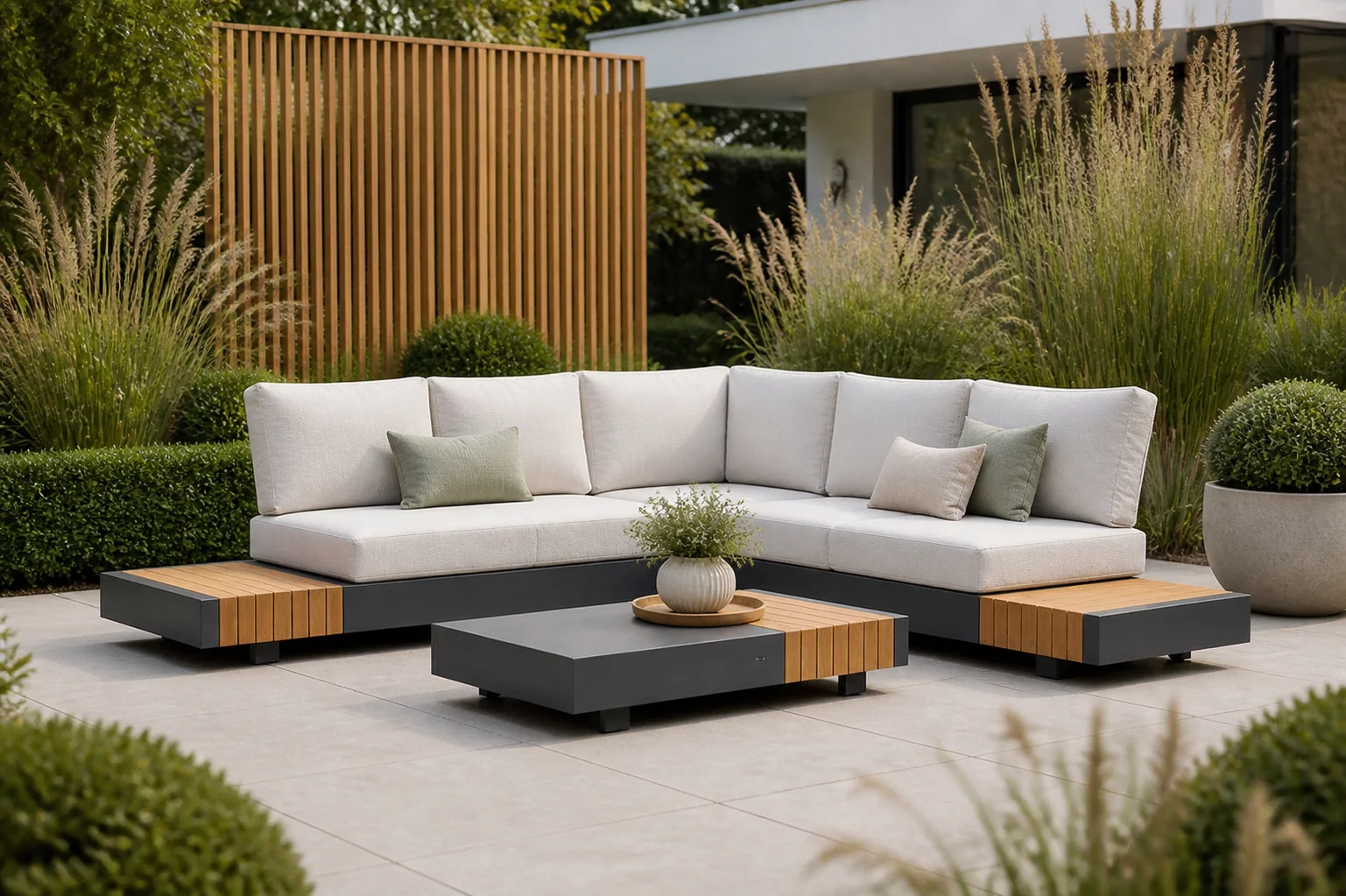 Sfeerfoto van Santika Furniture Misaki hoek loungeset 4-delig – Grijs-antraciet
