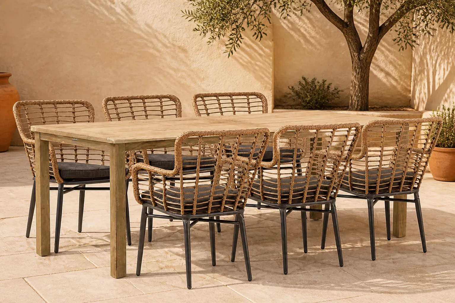 Sfeerfoto van De Laan Projects Laan Toledo/Weston 210 cm dining tuinset 7-delig – Taupe-naturel-bruin