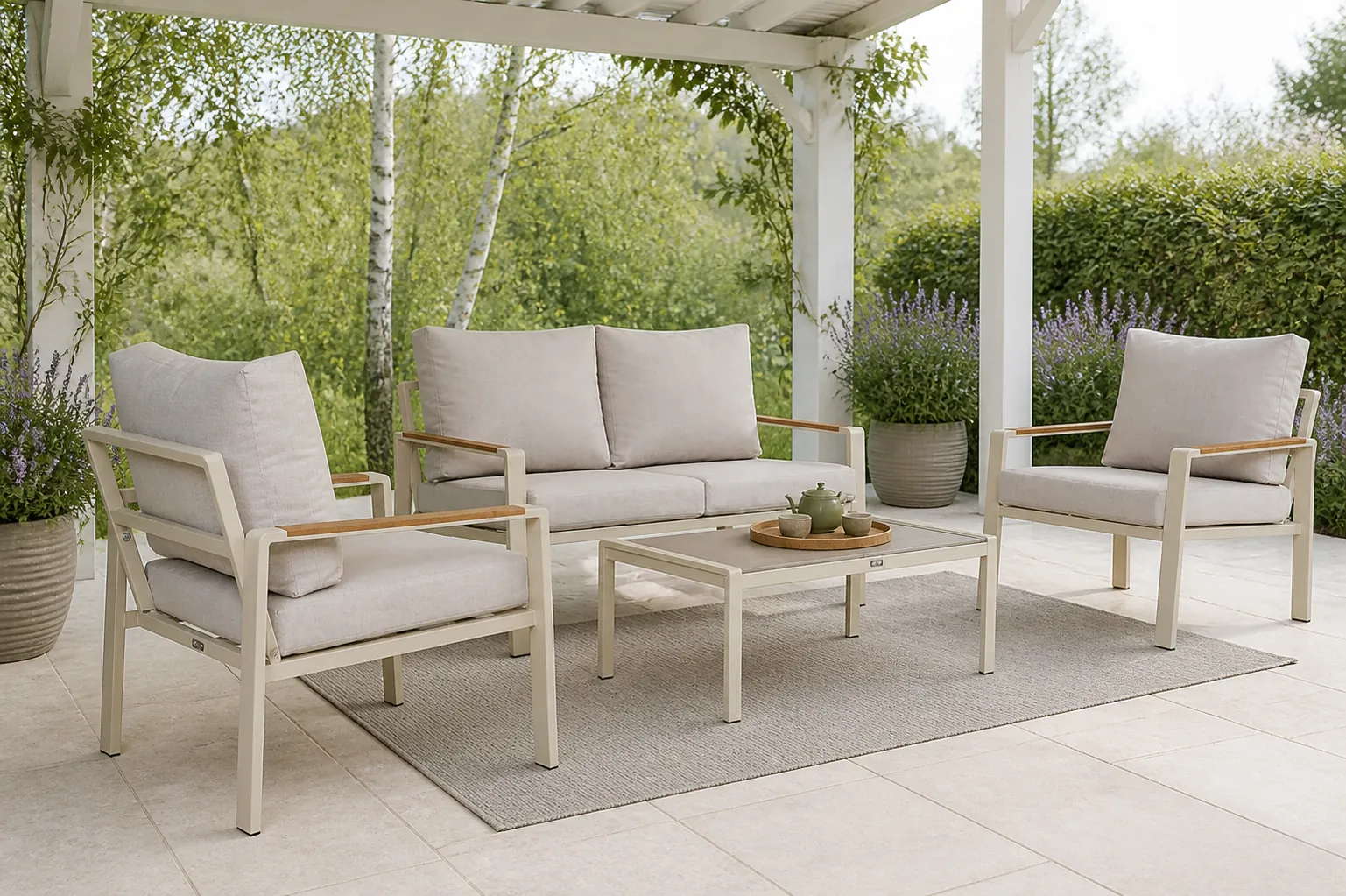 Sfeerfoto van Domani Furniture Leaf stoel-bank loungeset 4 delig – Zand/Beige