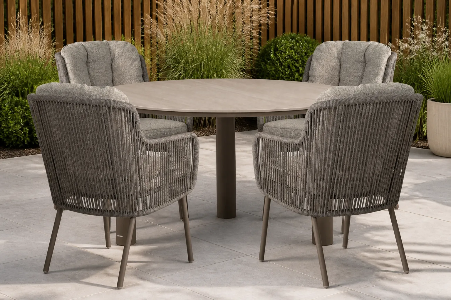 Sfeerfoto van Santika Furniture Cayora/Trino 140 cm dining tuinset 5-delig – Taupe-naturel-bruin