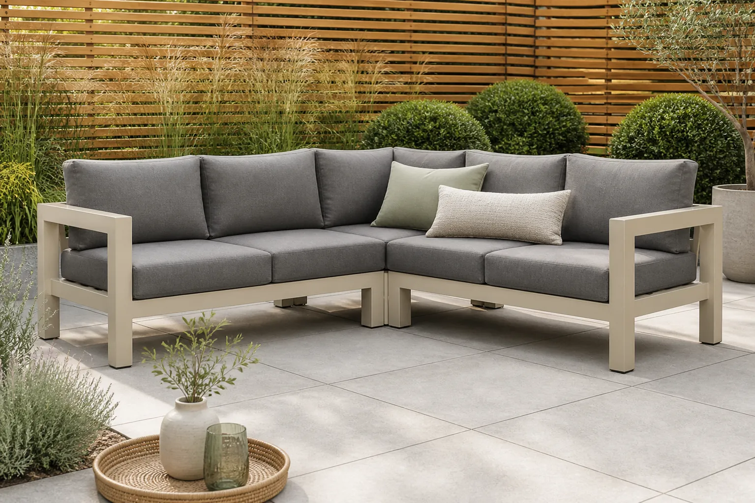 Sfeerfoto van Lifestyle Garden Furniture Luca hoek loungeset 3-delig – Taupe-naturel-bruin