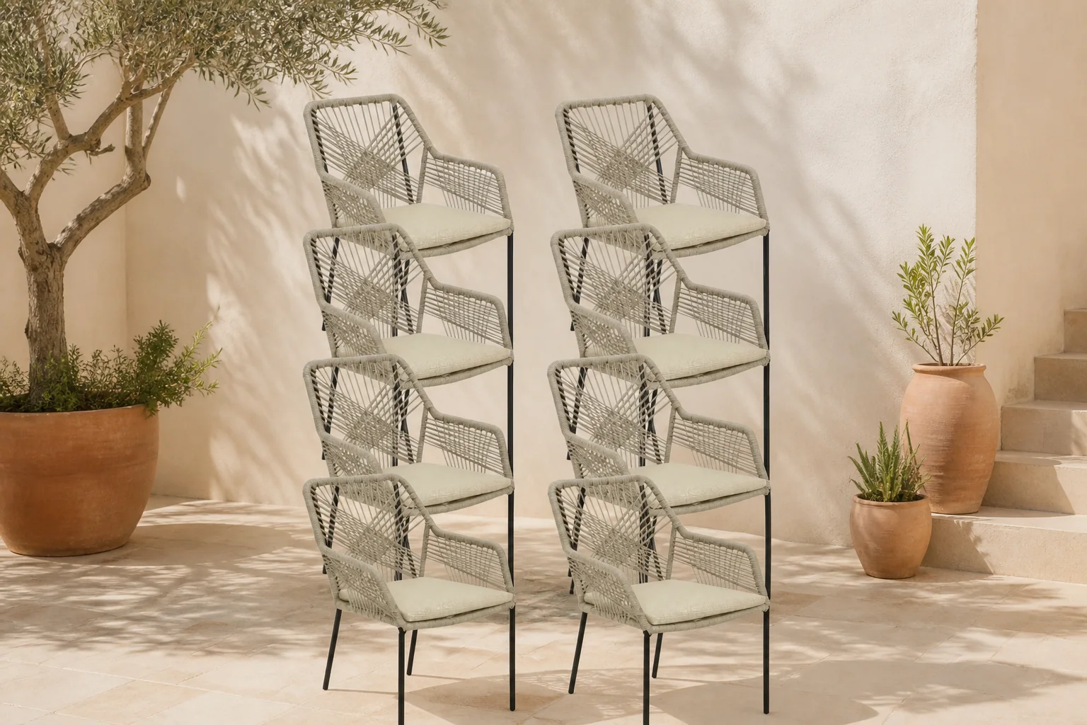 Sfeerfoto van BUITEN living Seville dining tuinstoel set van 8 | touw + staal | zand