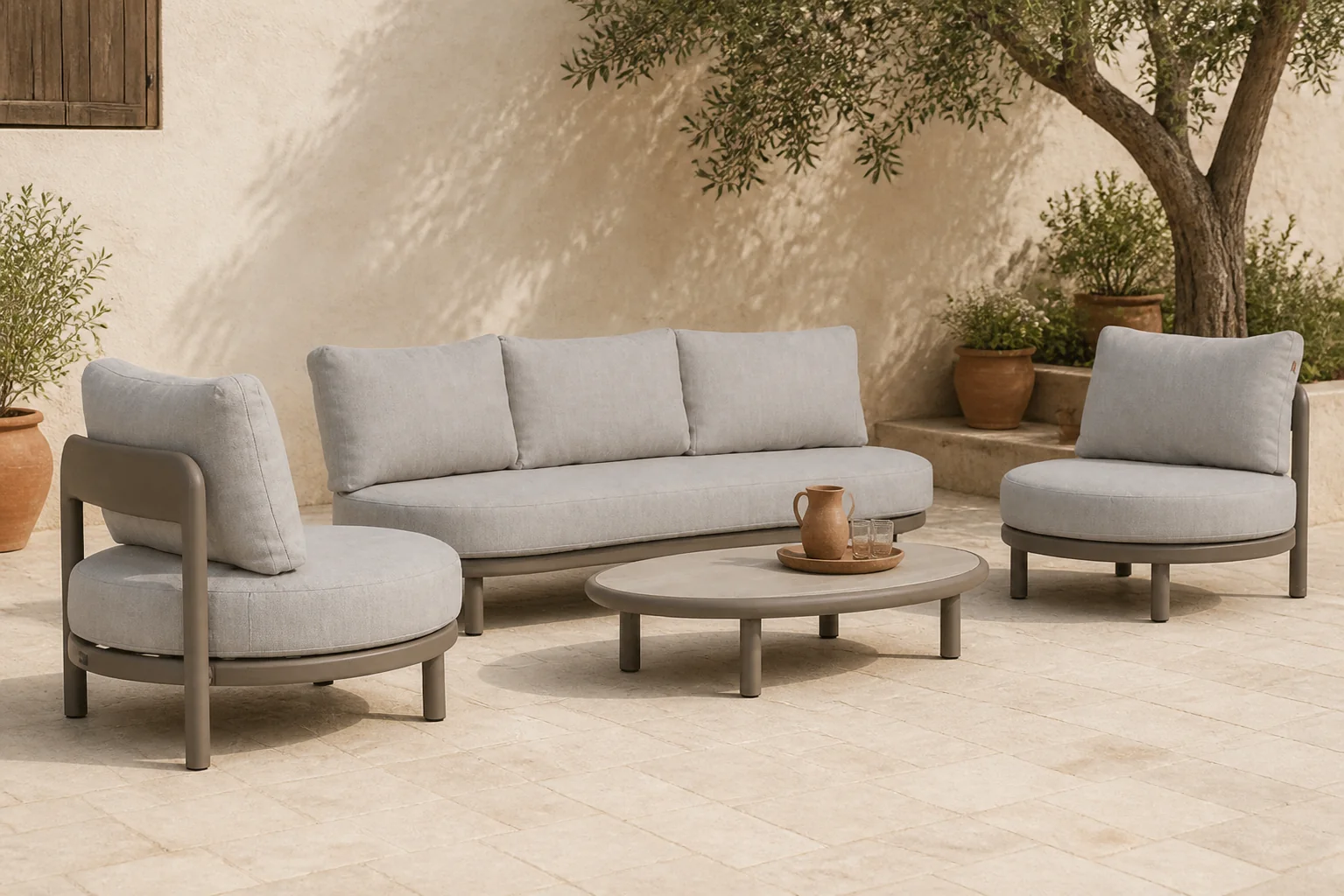 Sfeerfoto van Santika Furniture Wave stoel-bank loungeset 4-delig – Taupe-naturel-bruin