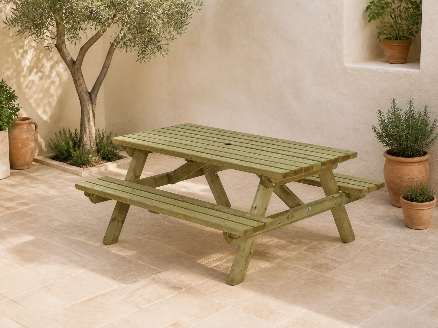 Sfeerfoto van Talen buitenmeubelen Picknicktafel 180 cm – groen