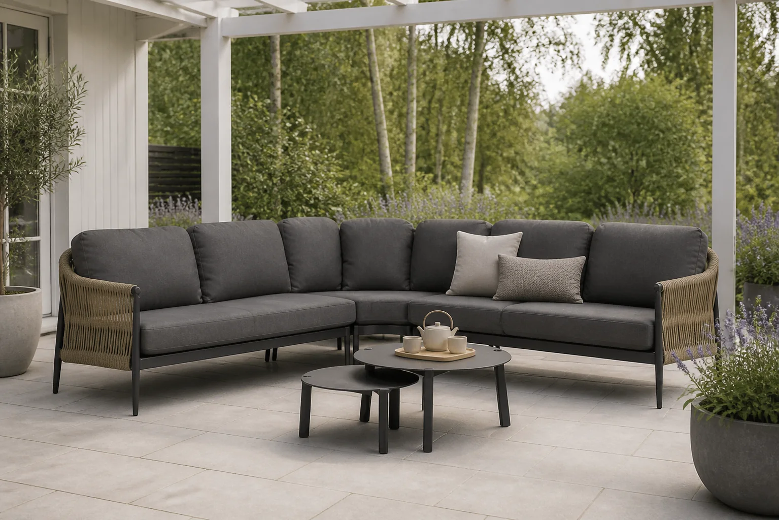 Sfeerfoto van Coco Romeo/Rimini 60/75 cm hoek loungeset 5-delig – Taupe-naturel-bruin