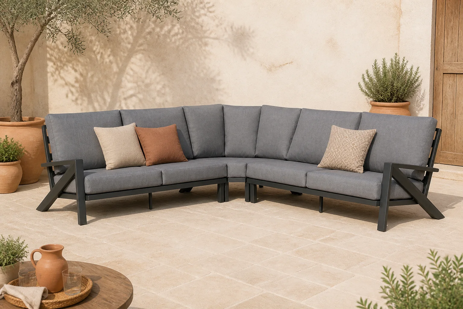Sfeerfoto van Santika Furniture Cinta hoek loungeset 3-delig Quick Dry Foam – Grijs-antraciet