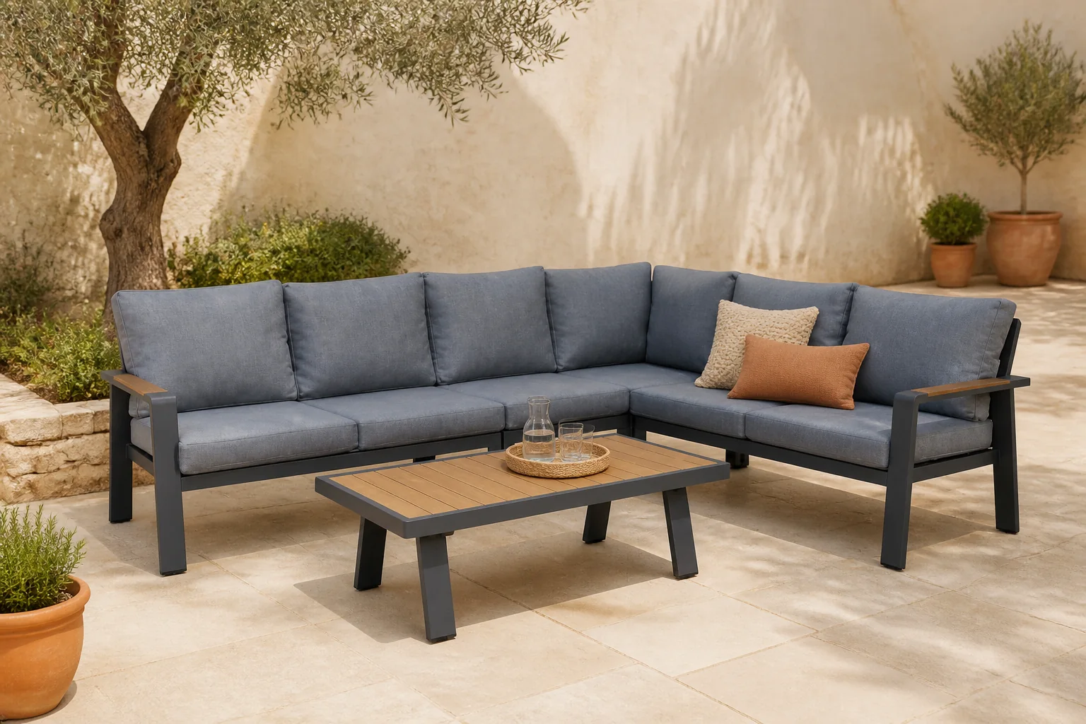 Sfeerfoto van LUX outdoor living Lola hoek loungeset L-vorm 6 personen incl. tafel | aluminium + polywood | antraciet | 6-delig