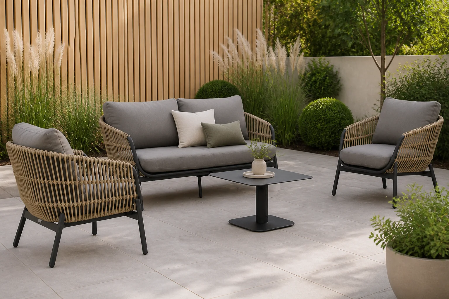 Sfeerfoto van Coco Nathan/Ralph 60 cm stoel-bank loungeset 4-delig – Taupe-naturel-bruin