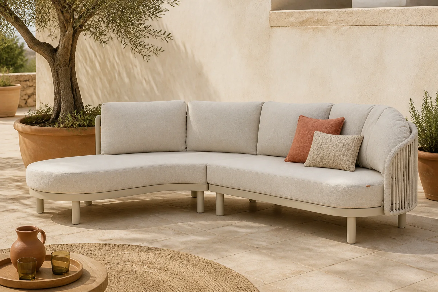 Sfeerfoto van Santika Furniture Nanda hoek loungeset 2-delig – Zand/Beige