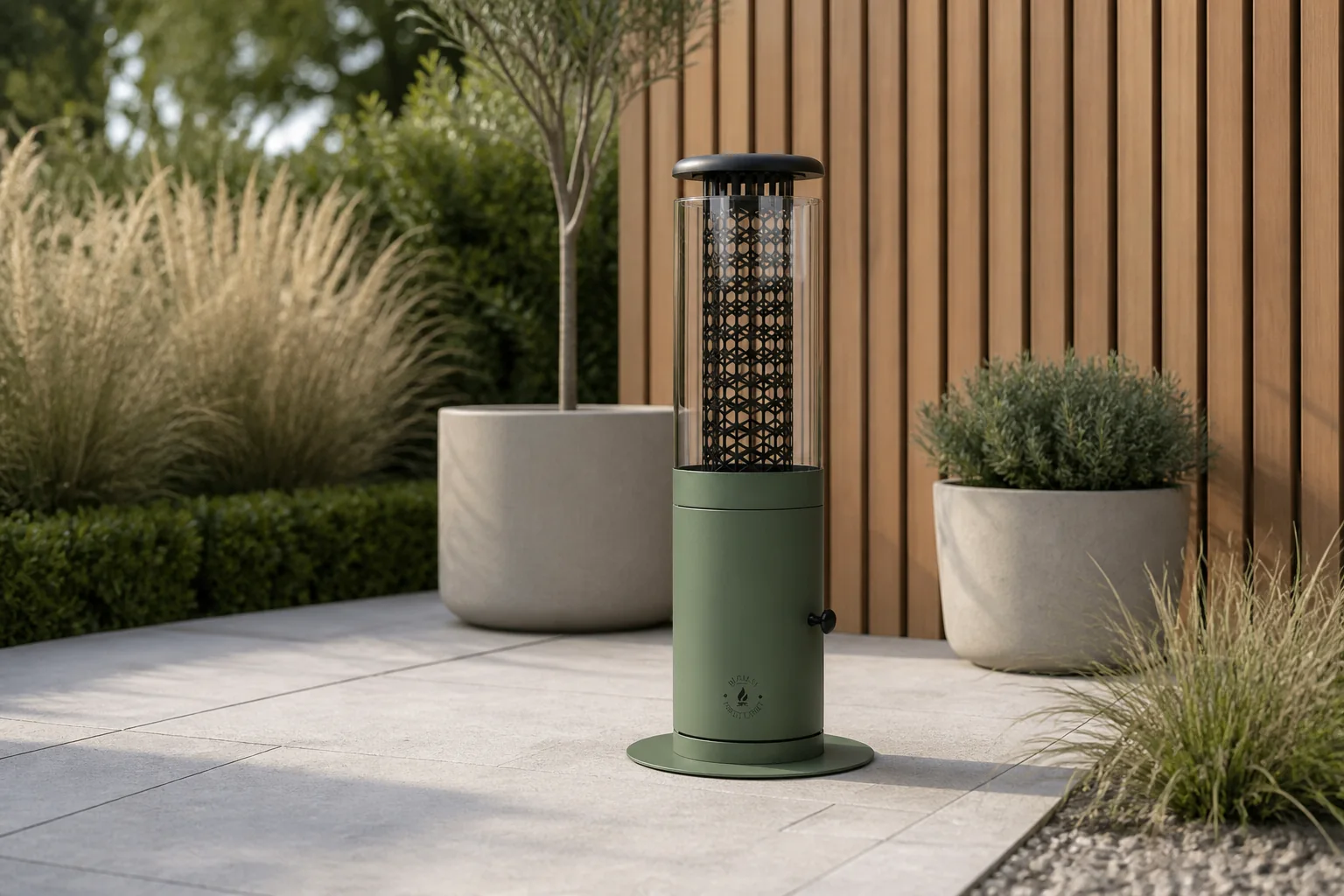 Sfeerfoto van Monti HeatLine + 15% kassakorting | Ember pellet terrasverwarmer ø24cm (h: 58cm) – Groen