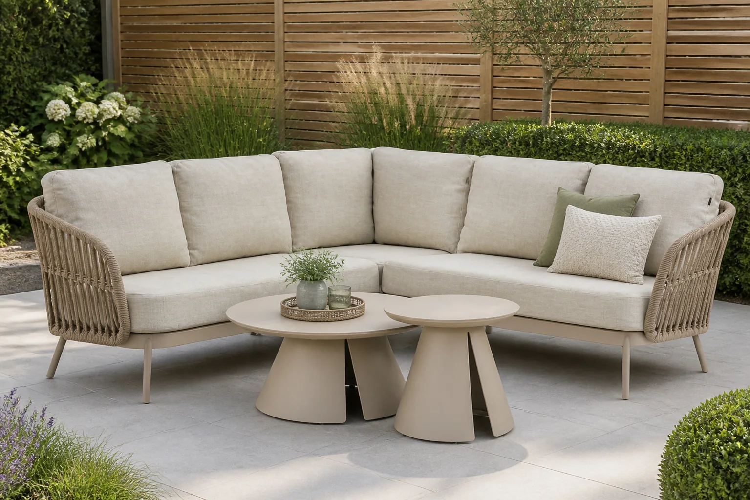 Sfeerfoto van Coco Elara/Cayora 50/80 cm hoek loungeset 5-delig – Taupe-naturel-bruin