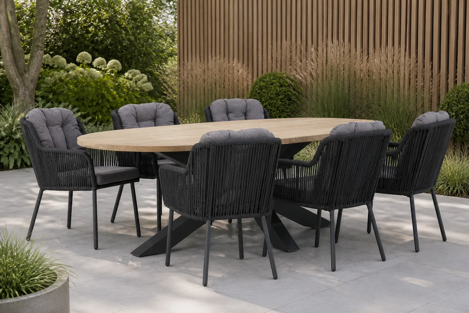 Sfeerfoto van Santika Furniture Tendenza/Brookline 240 cm dining tuinset 7-delig – Grijs-antraciet