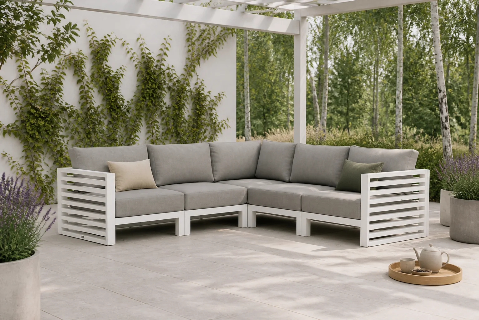 Sfeerfoto van Santika Furniture Jaya hoek loungeset 5-delig – Wit