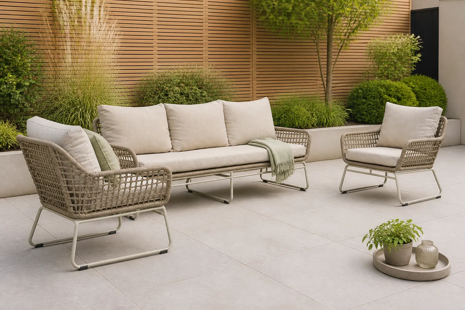 Sfeerfoto van BUITEN living Valencia stoel-bank loungeset 5 personen | touw + aluminium | Almond Beige | 3-delig