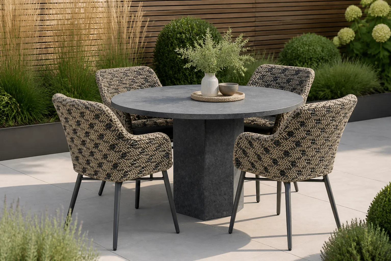 Sfeerfoto van Lifestyle Garden Furniture Crossway/Graniet 120 cm rond dining tuinset 5-delig – Zwart-wit