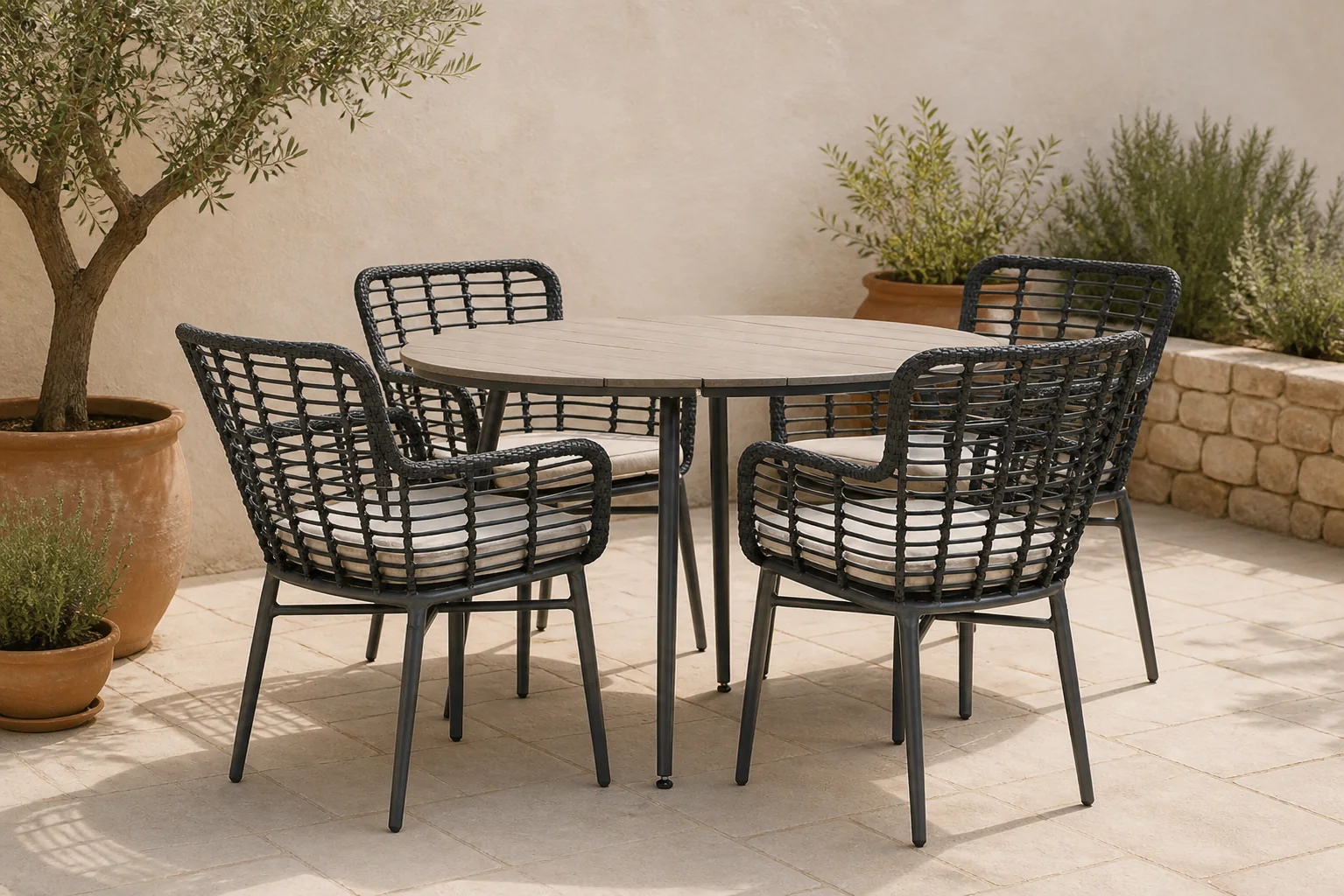 Sfeerfoto van De Laan Projects Laan Toledo/Matale 125 cm dining tuinset 5-delig – Zwart