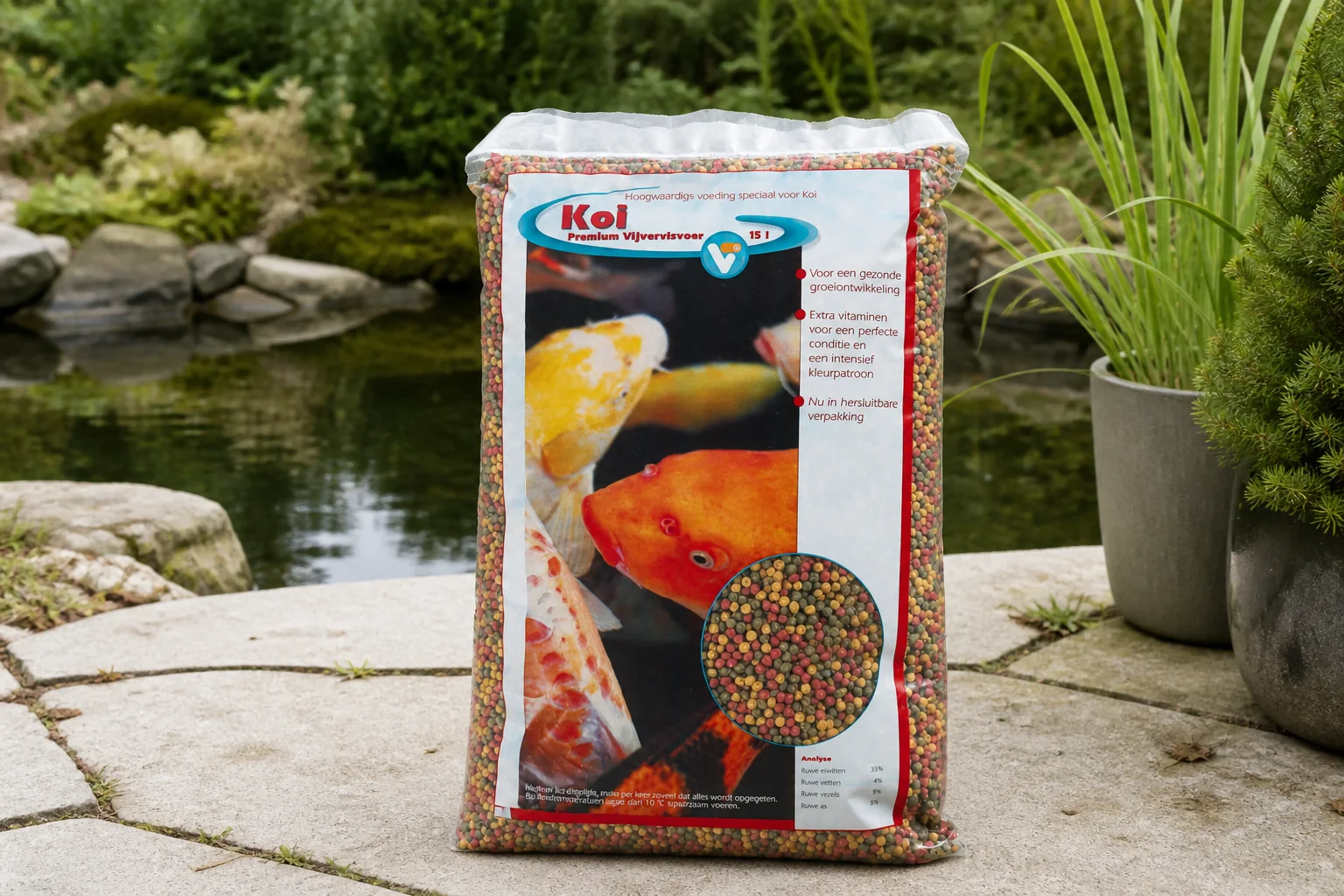 Sfeerfoto van Vt Vijvervisvoer koi premium 15 liter Velda 5-6 mm korrels – Zie Foto