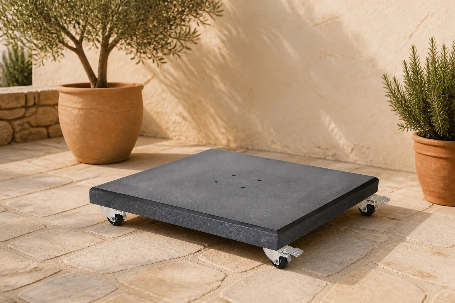 Sfeerfoto van Platinum Sun & Shade | Modena Parasolvoet XL Graniet met Wielen | 90 kg