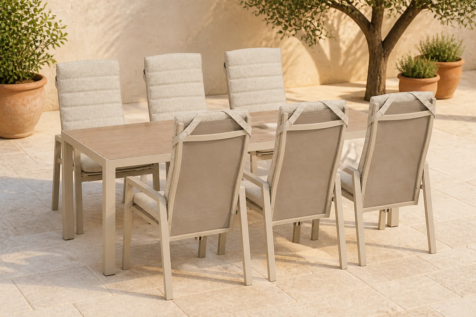 Sfeerfoto van Lifestyle Garden Furniture Vivaro/Creta 205×90 cm dining tuinset 7-delig – Taupe-naturel-bruin