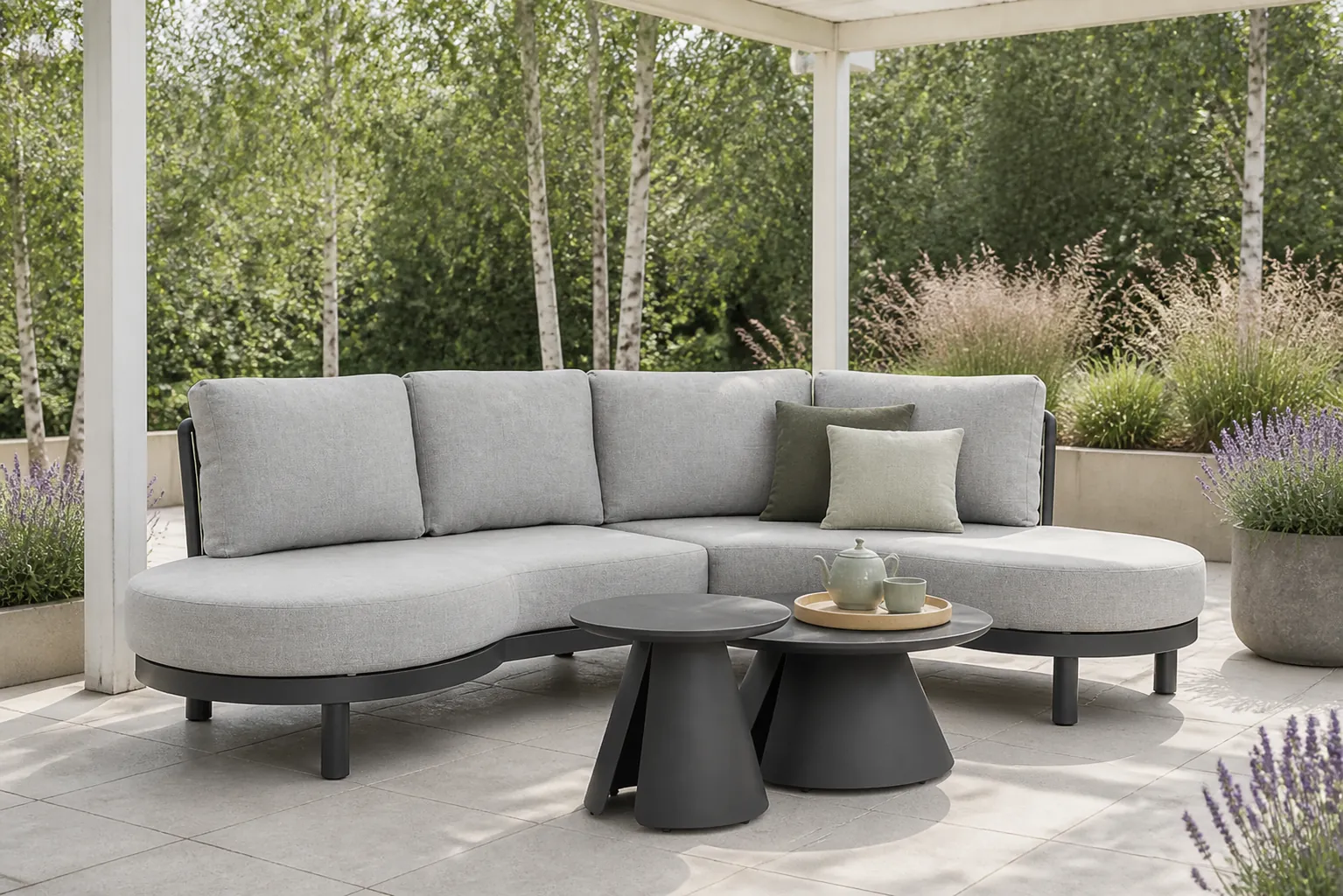 Sfeerfoto van Santika Furniture Nanda/Cayora 50/80 cm organisch loungeset 4-delig – Grijs-antraciet