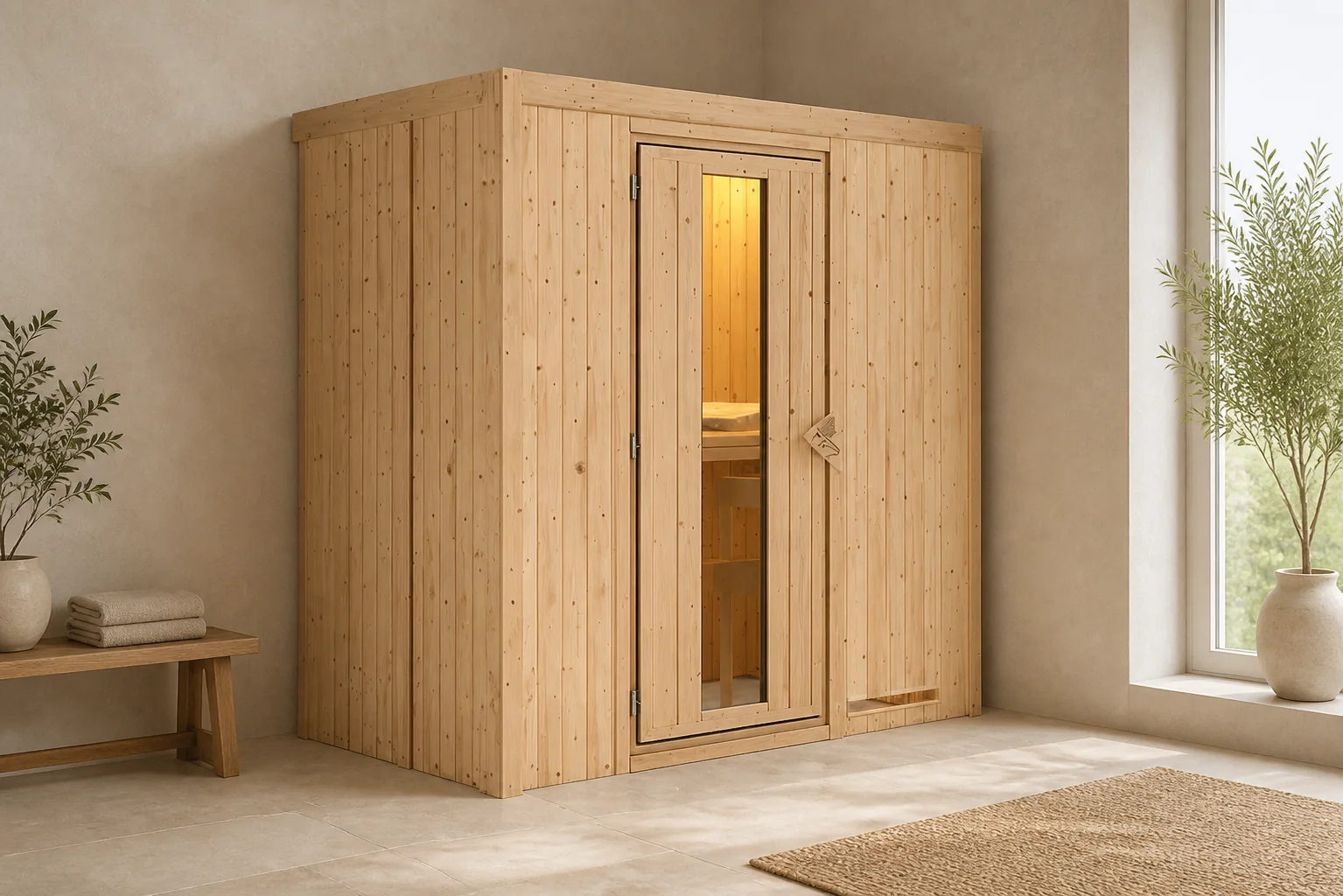 Sfeerfoto van Karibu | Variado Sauna | Helderglas Deur | Kachel 9 kW Geïntegreerde Bediening