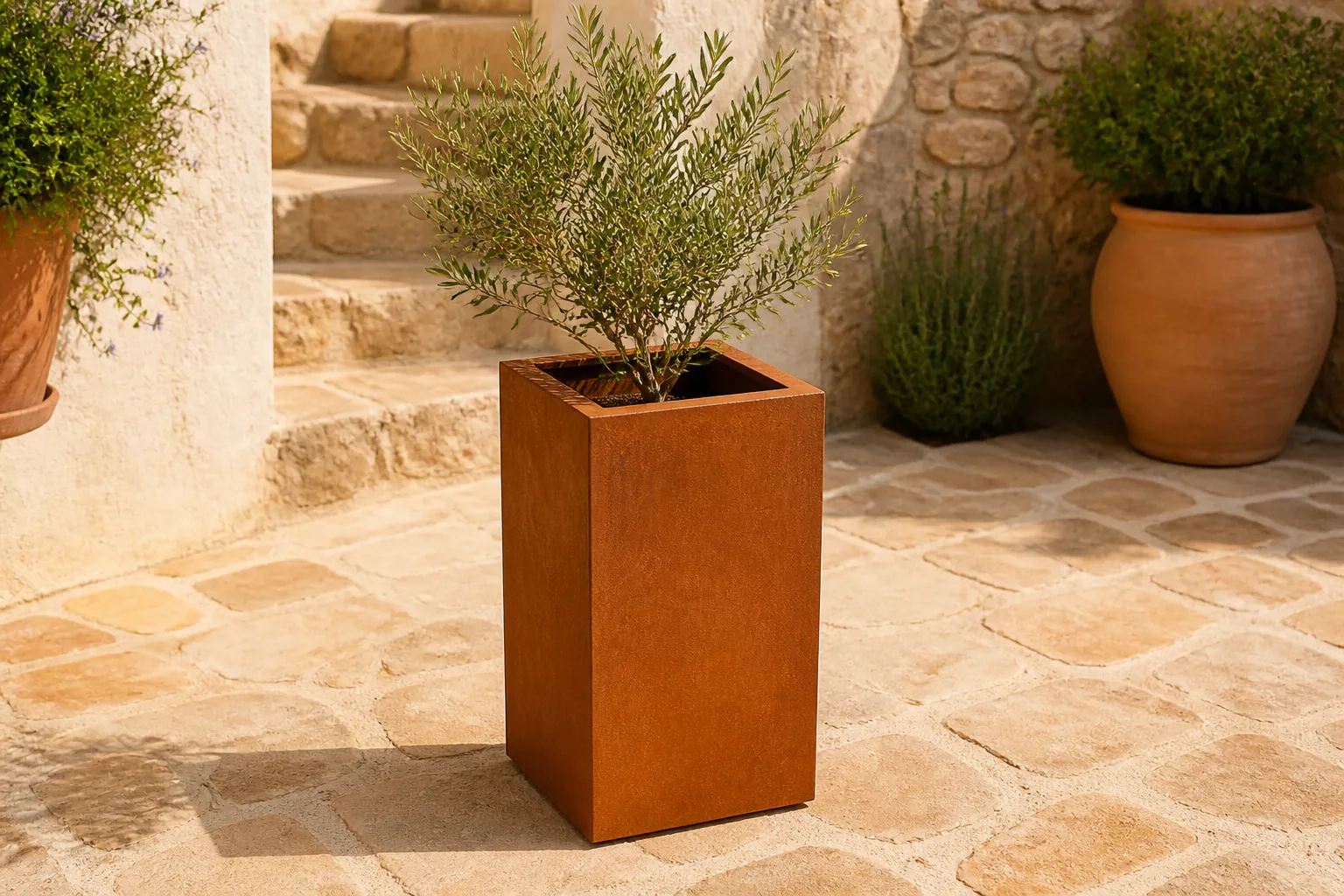 Sfeerfoto van Geroba Artesa Rechthoekige plantenbak cortenstaal L40 x B40 x H100 cm – bruin