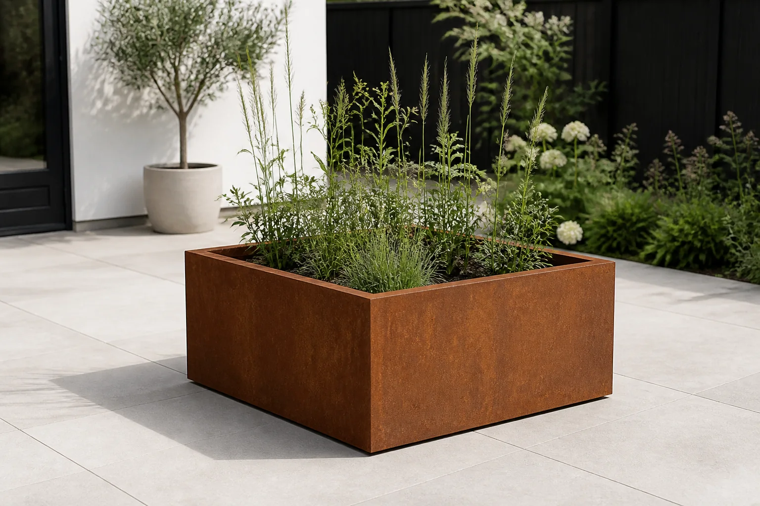 Sfeerfoto van Geroba Artesa Rechthoekige plantenbak cortenstaal L140 x B140 x H80 cm – bruin