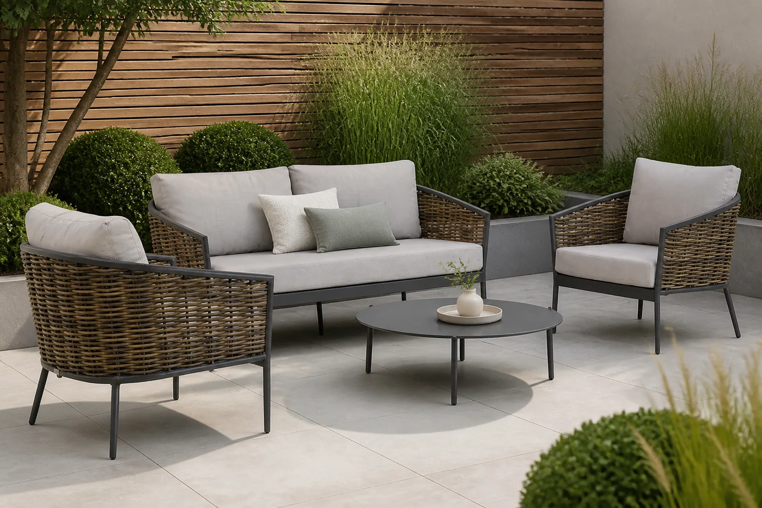 Sfeerfoto van Coco Lanai/Pacific 100 stoel-bank loungeset 4-delig – Taupe-naturel-bruin