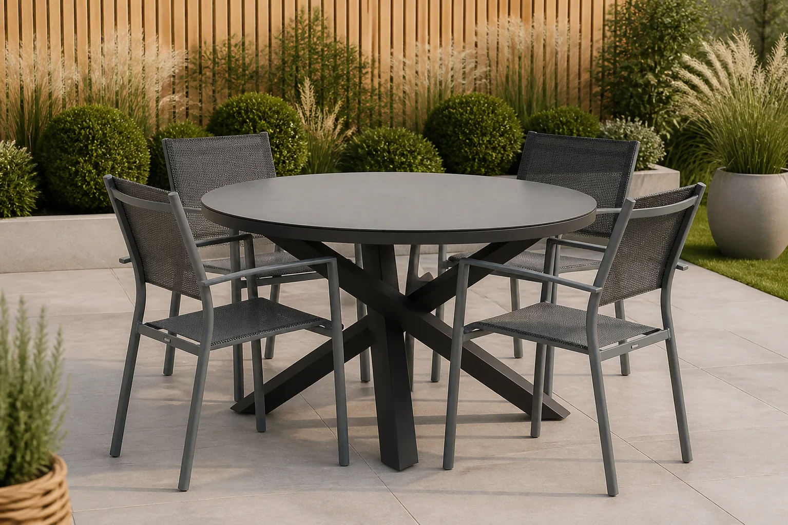 Sfeerfoto van Lifestyle Garden Furniture Sella/Livorno 125 cm dining tuinset 5-delig – Grijs-antraciet