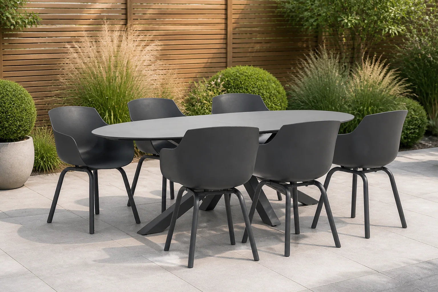 Sfeerfoto van Santika Furniture Lifestyle Salina/Ellisse 240 cm dining tuinset 7-delig – Grijs-antraciet