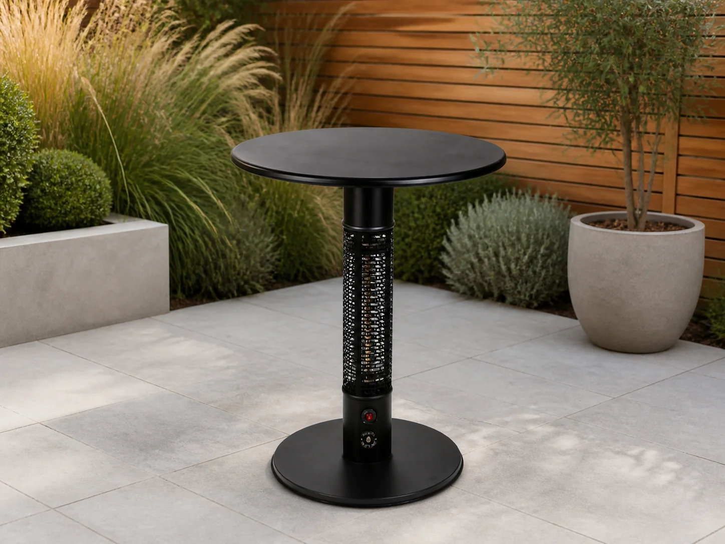 Sfeerfoto van Monti HeatLine + 15% kassakorting | Pulse tafel met terrasverwarmer 1500W ø60cm (h: 75cm) – Zwart