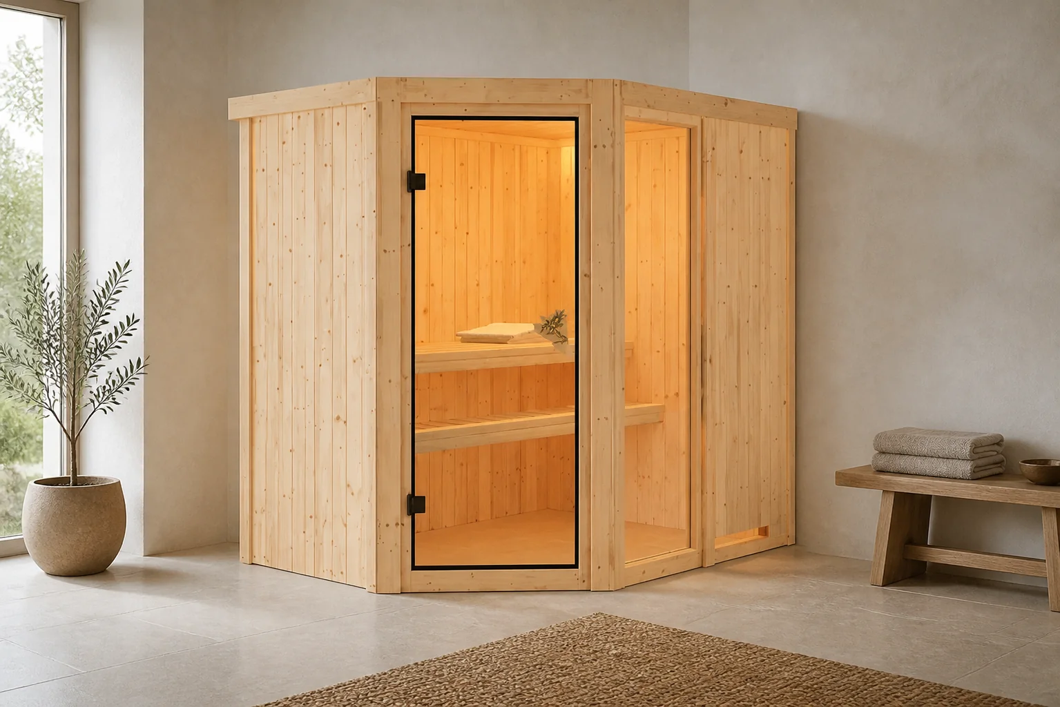 Sfeerfoto van Karibu | Fiona 1 Sauna met Dakkraag | Biokachel 9 kW Externe Bediening