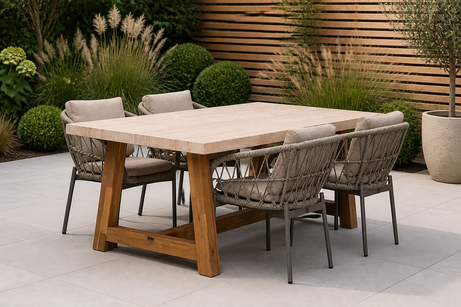 Sfeerfoto van BUITEN living Velora/Dakota beige dining tuinset | 4 personen | travertin + touw | 200cm – Zand