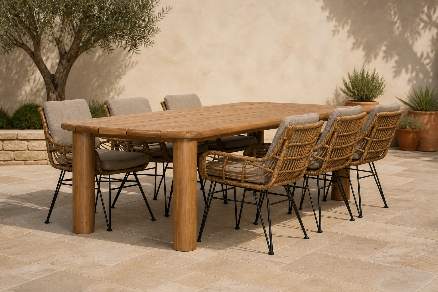 Sfeerfoto van BUITEN living Laredo/Carlos taupe dining tuinset | 6 personen | hardhout + wicker | 255cm