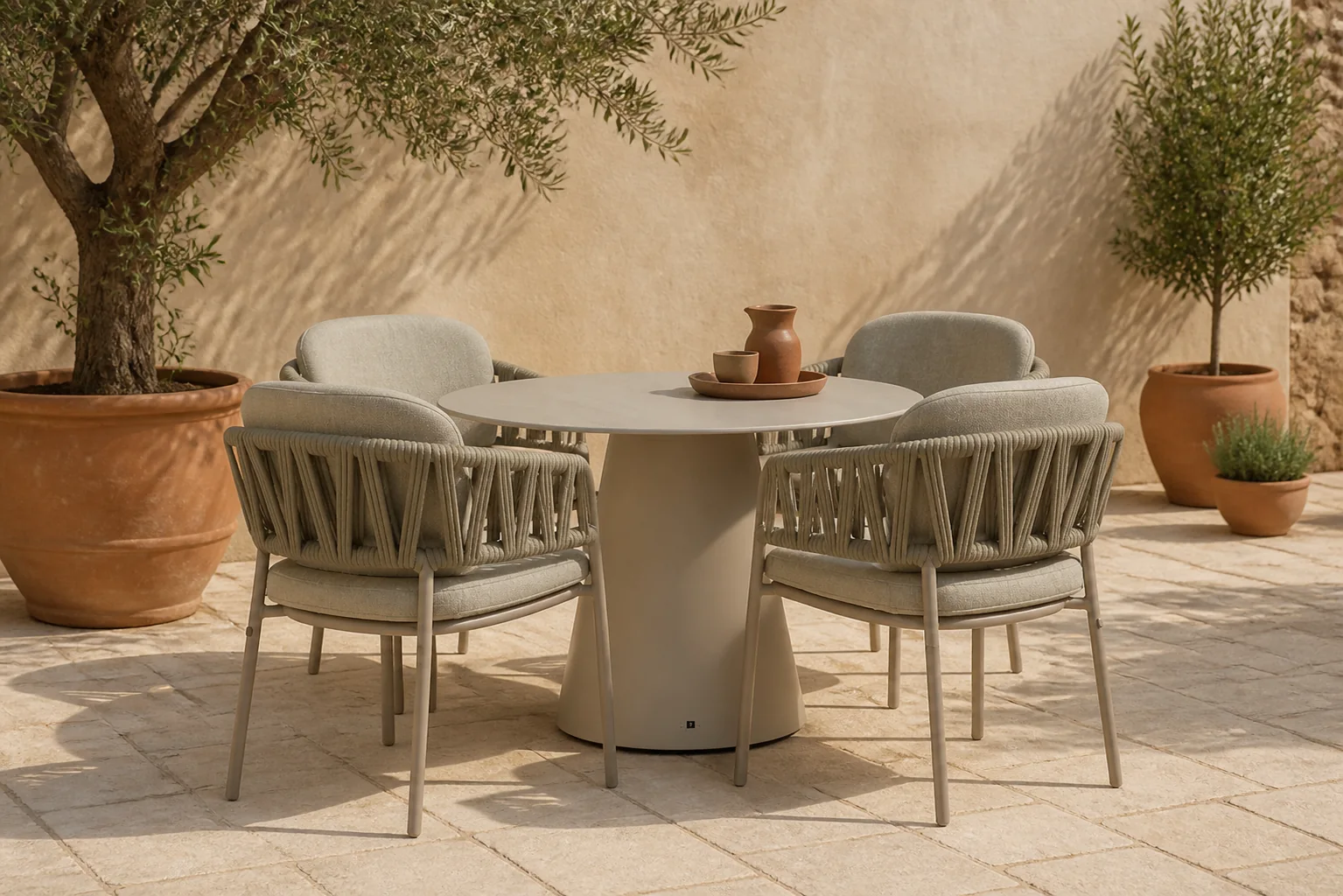 Sfeerfoto van 4 Seasons Outdoor Calma/Serino 100 cm dining tuinset 5-delig – Zand/Beige