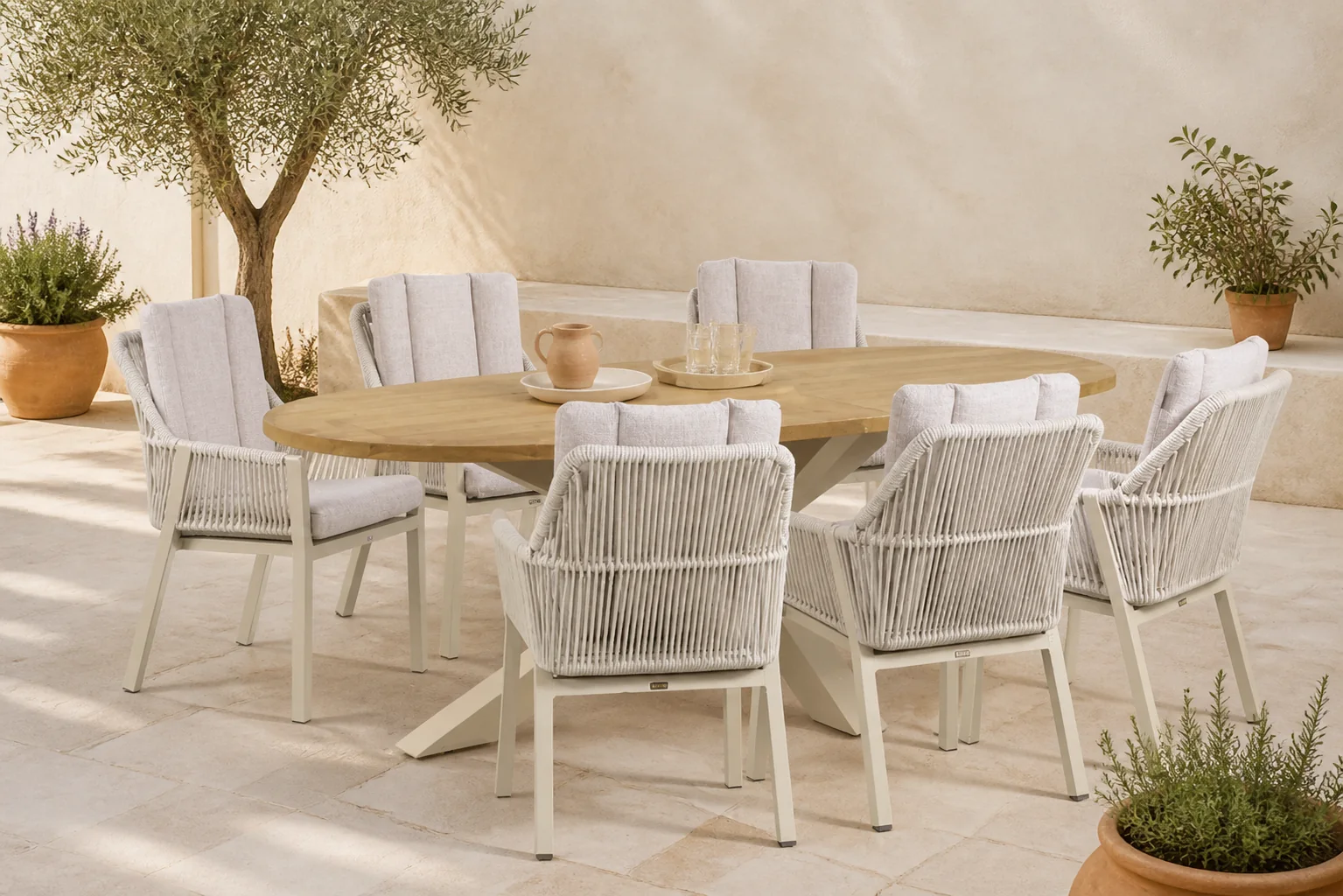 Sfeerfoto van Lifestyle Garden Furniture Verona/Brookline 240 cm dining tuinset 7-delig – Taupe-naturel-bruin