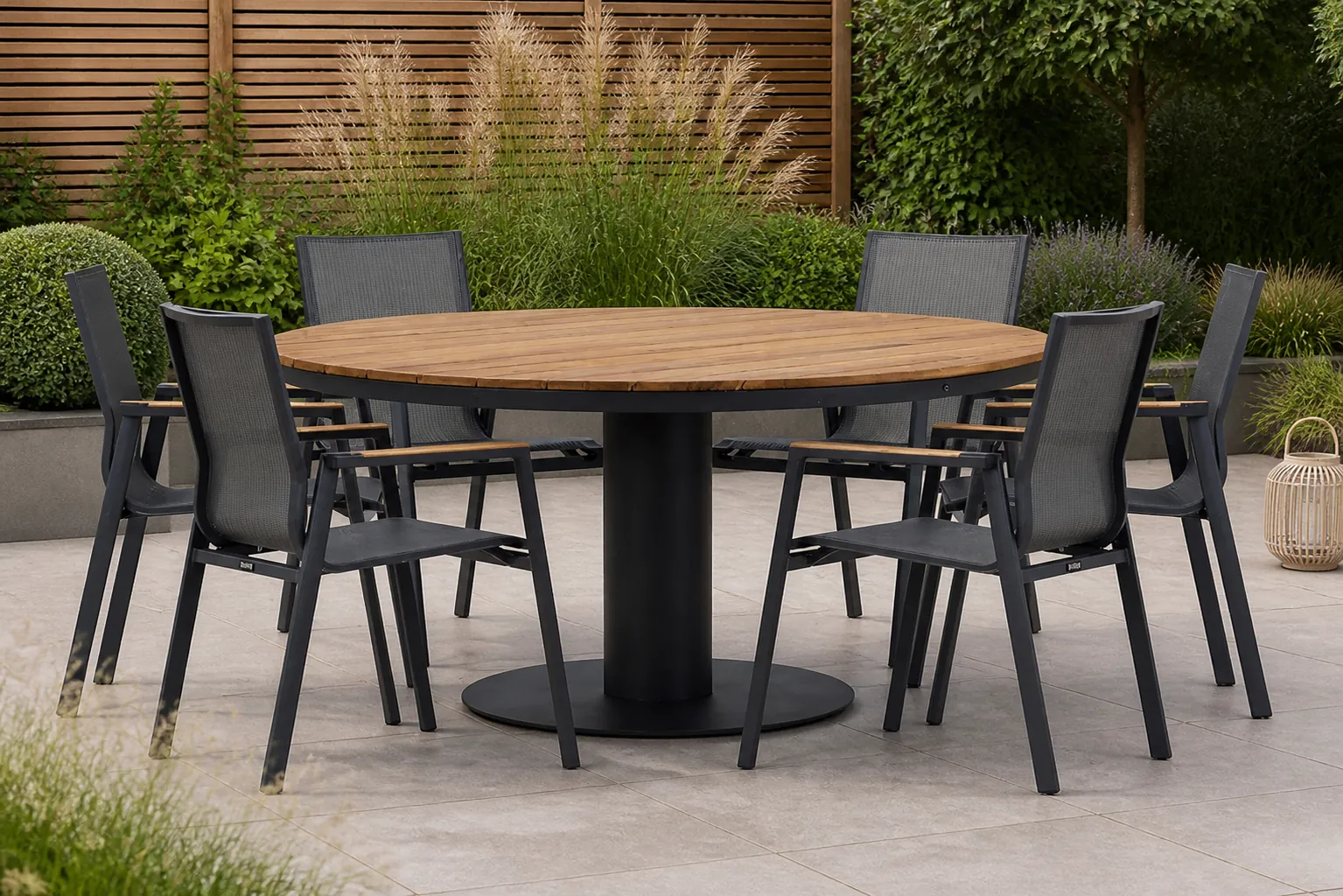 Sfeerfoto van Lifestyle Garden Furniture Fiora/Salerno 160 cm dining tuinset 7-delig – Grijs-antraciet