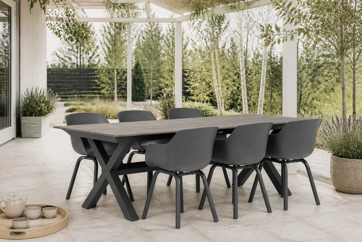 Sfeerfoto van Lifestyle Garden Furniture Salina/Forest 240 cm dining tuinset 7-delig – Grijs-antraciet